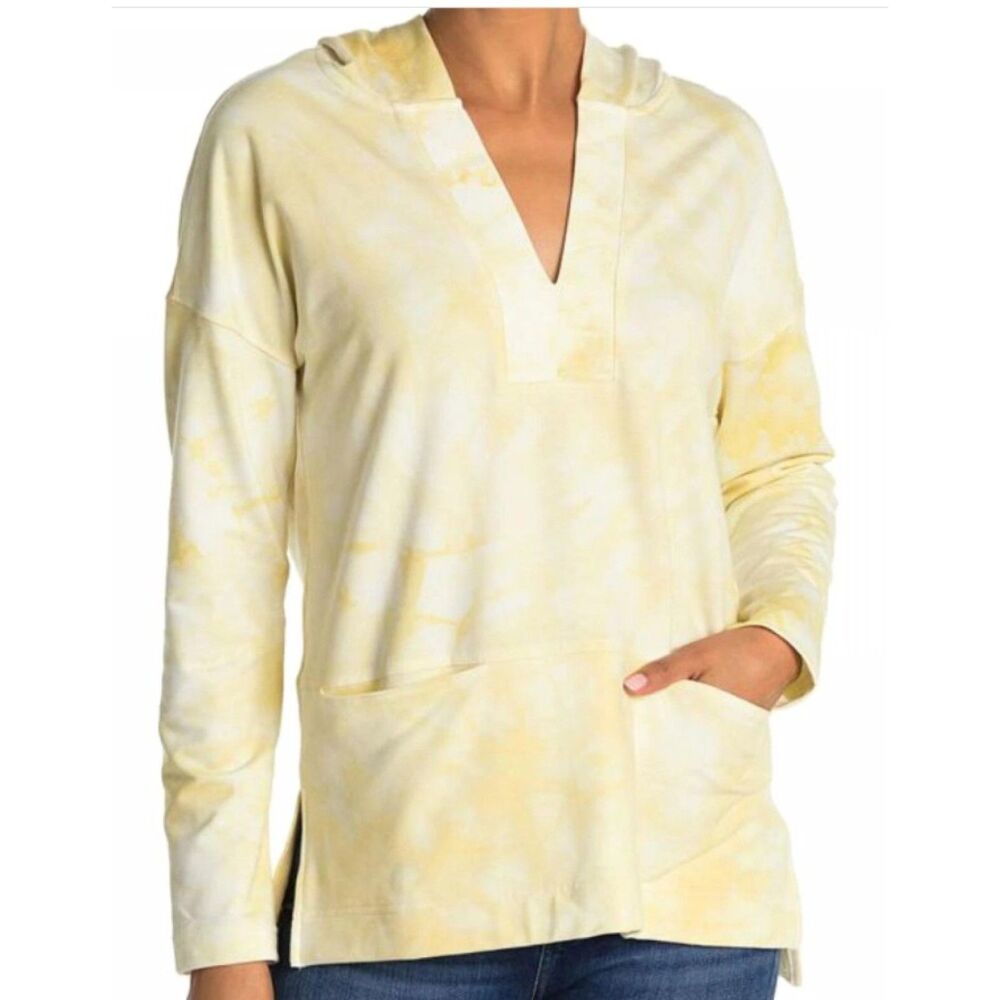 MELLODAY Yellow Tie Dye Sz Medium Casual Wear Roomy Hooded Shirt Pockets NWT NEW